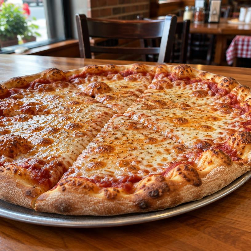 Classic cheese pizza fresh from the oven