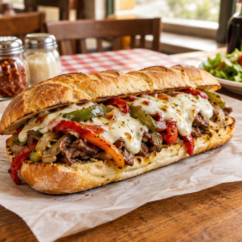 Warm Italian sandwich with peppers and cheese